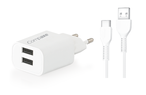 COMPAXE CTA-521DUTB24 10W 5V 2.1A ÇİFT USB + USB TO TYPE C 2.4A KABLOLU SET BEYAZ