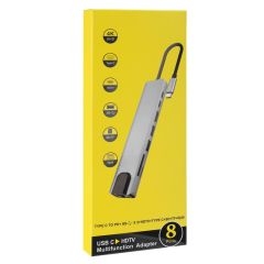 Hytech HY-USBC80 4K@30Hz Gri Metal 2xUSB3.0 1xHDMI, 1xPD 10/100/1000M Type C Adaptör