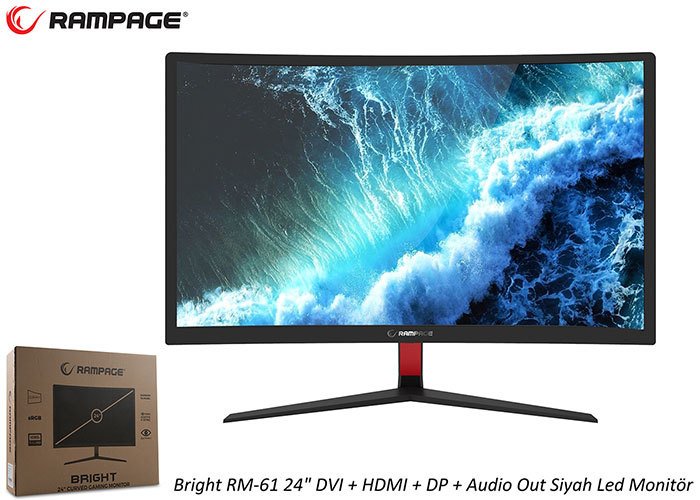 RampageCurved Monitör Bright RM-61 Led Monitör 24 DVI+HDMI+DP+Audio Out Siyah