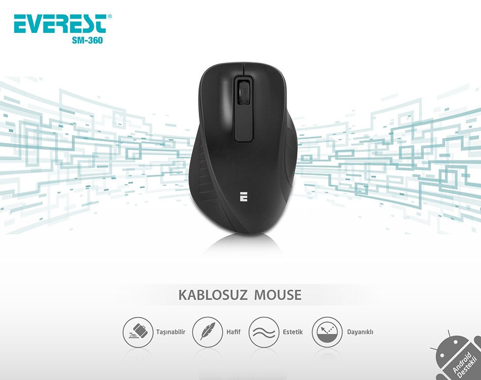 Everest SM-360 Usb Siyah 3D Optik Süper Sessiz Alkalin Pil Kablosuz Mouse