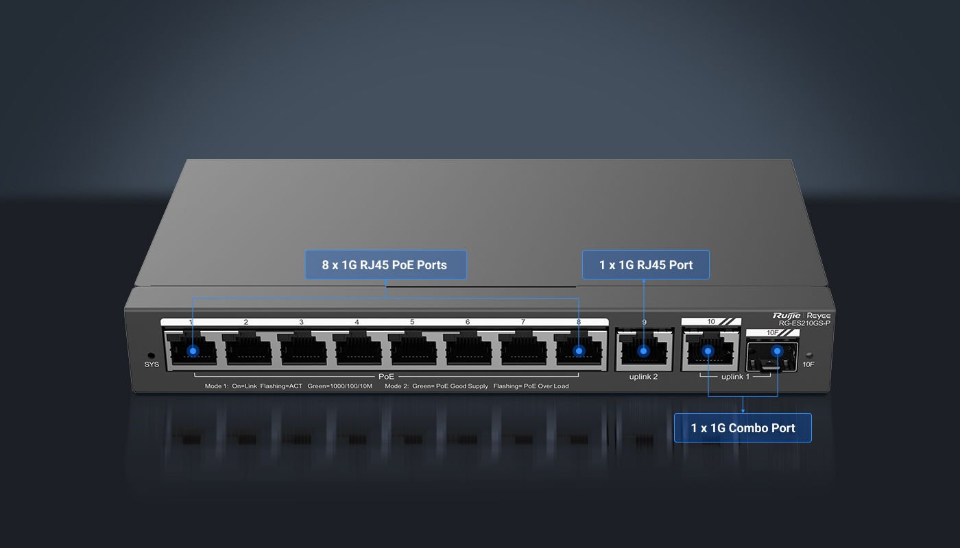 Reyee RG-ES210GS-P 10 Portlu, 10/100/1000 Gigabit, Yönetilebilir Switch, 1 Gigabit Uplink, 1 Gigabit Combo, 8 Port PoE+ (120W)