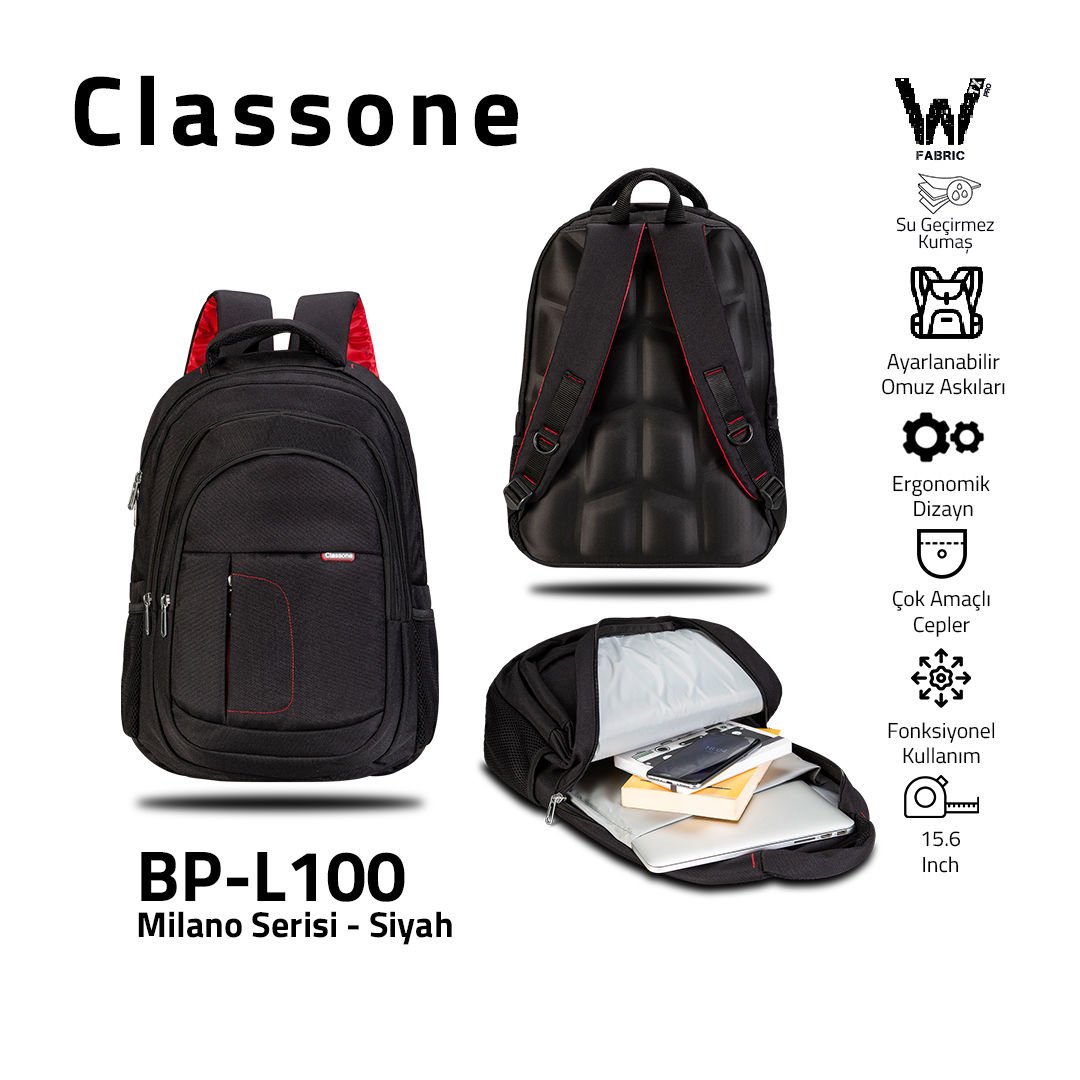Classone BP-L100 Milano Serisi WTXpro Su Geçirmez Kumaş 15,6 inch Sırt Çantası – Siyah