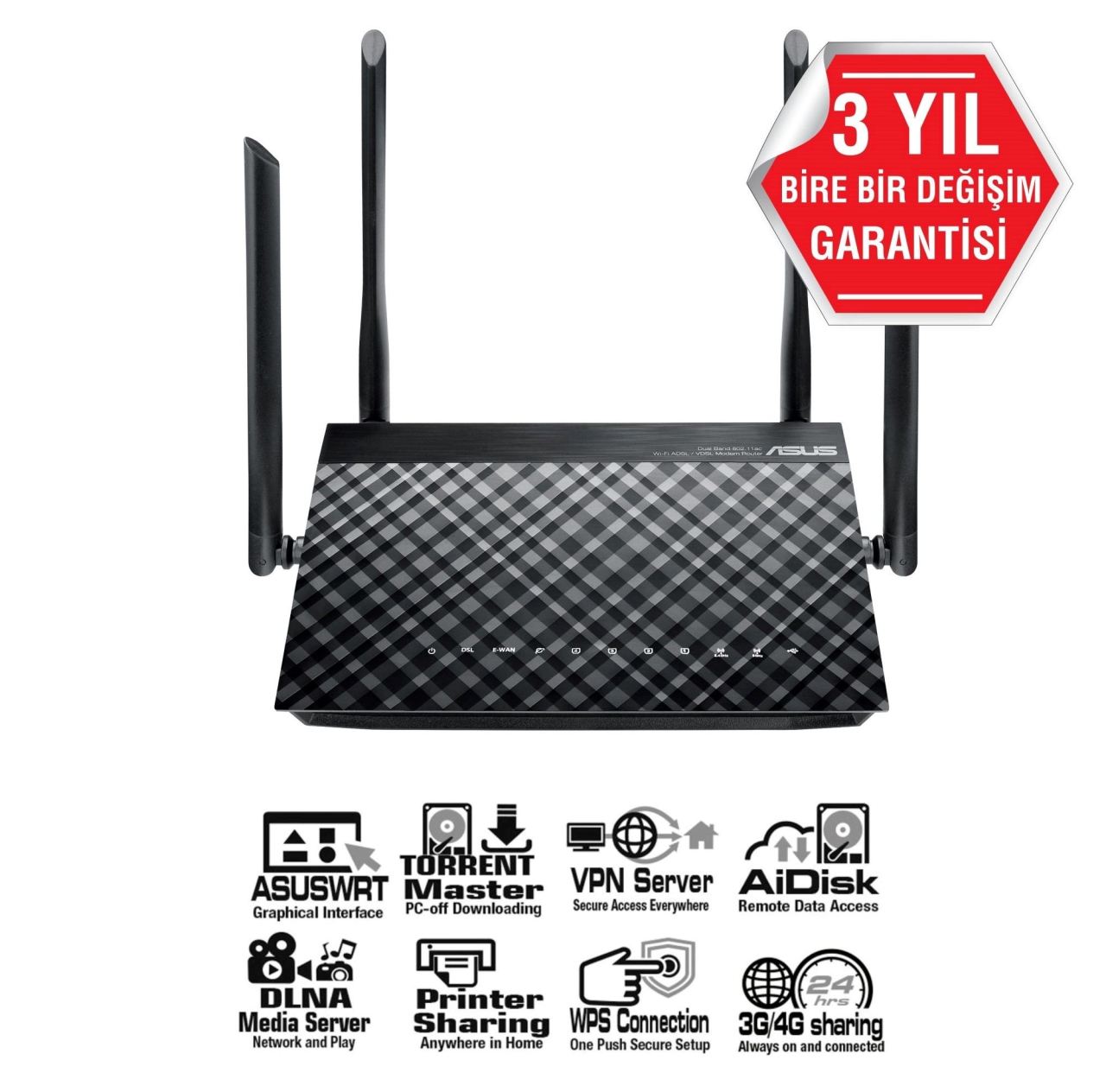 Asus DSL-AC55U USB 2.0x1 2.4 Ghz/5Ghz VDSL2/ADSL2+/ADSL2/ADSL harici anten x4