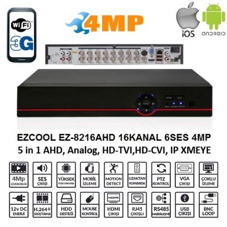 Ezcool Ez-8216Ahd 16 Kanal 2 Ses 2Hdd Hdml Ahd Dvr Kayıt Cihazı
