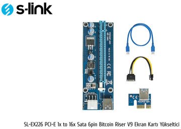 S-link SL-EX226 PCI-E 1x to 16x Sata 6pin Bitcoin Riser V9 Ekran
