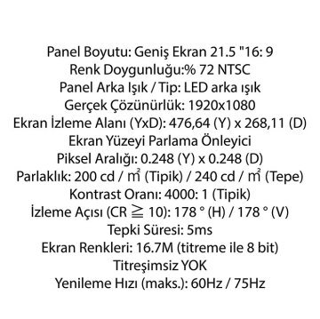 Everest M-335 21.5'' Çerçevesiz Full Hd Monitör - Hdmi Vga 75Hz