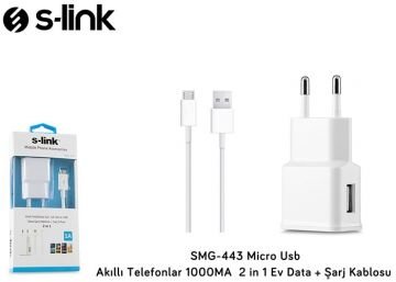 S-link SMG-443 Micro Usb Akıllı Telefonlar 1000MA 2 in 1 Ev Data + Şarj Kablosu