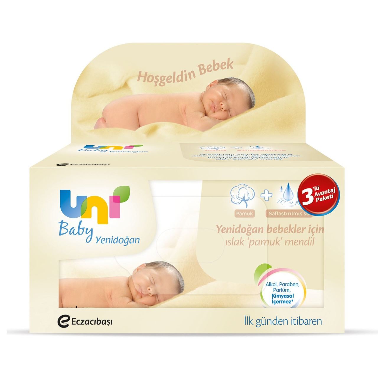 Uni Baby Islak Pamuk Mendil Yeni Doğan -Cotton Natural- 3 lü paket (120 adet)