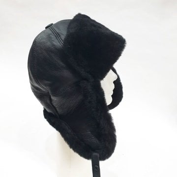 Pilot Model İçi Kürklü Siyah Renk Deri Şapka