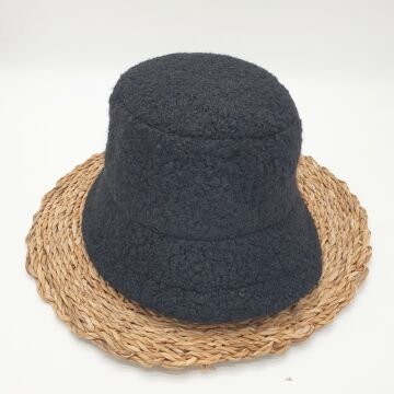 Siyah Renk Kıvırcık Kumaş Bayan Yuvarlak Şapka
