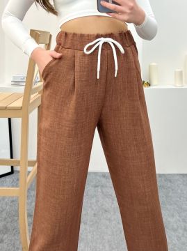 Kahve Renk Keten Kumaş Havuç Model Pantolon
