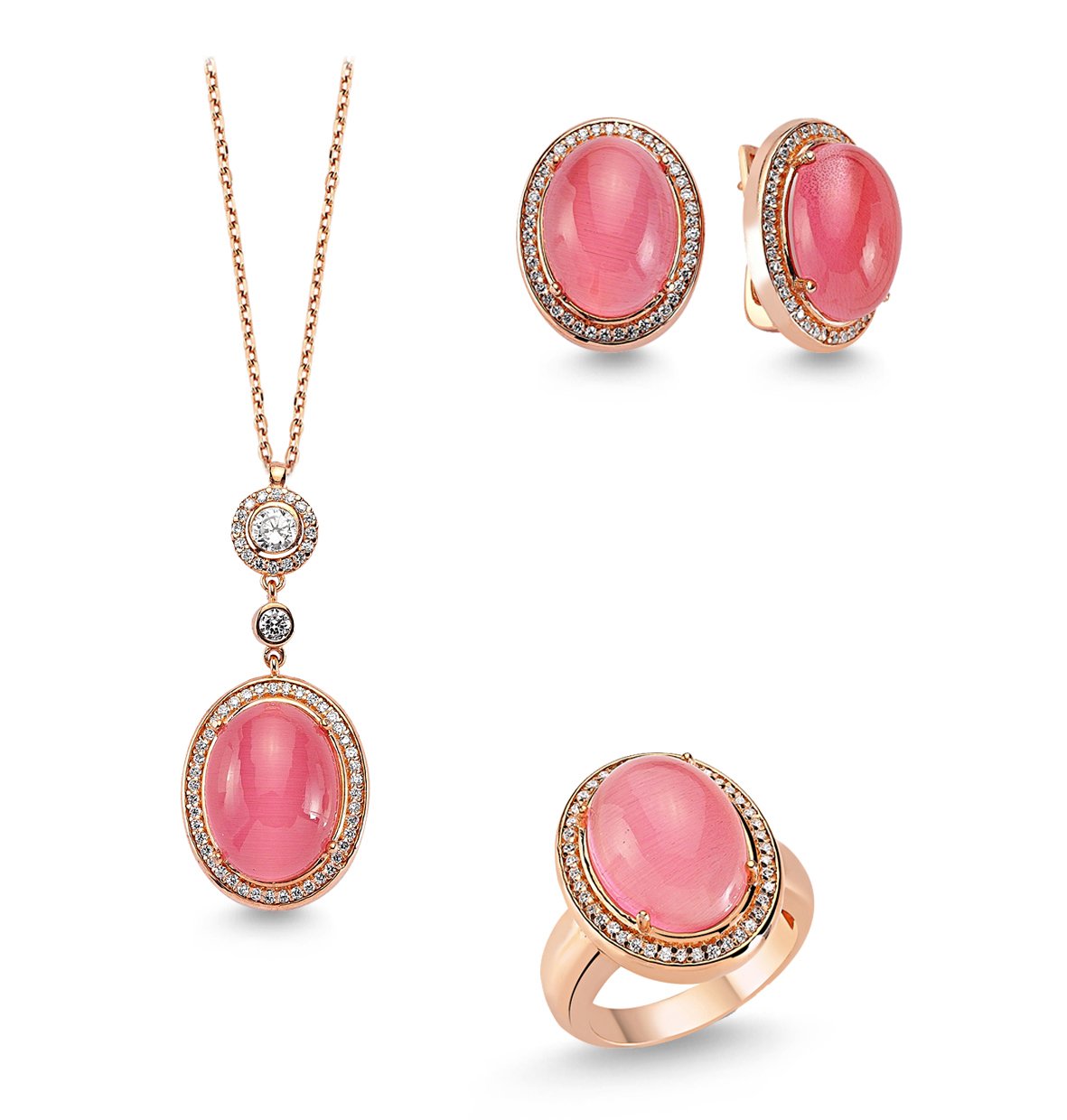 Pembe Oval Taşlı 3'lü Gümüş Kolye Küpe Yüzük Seti
