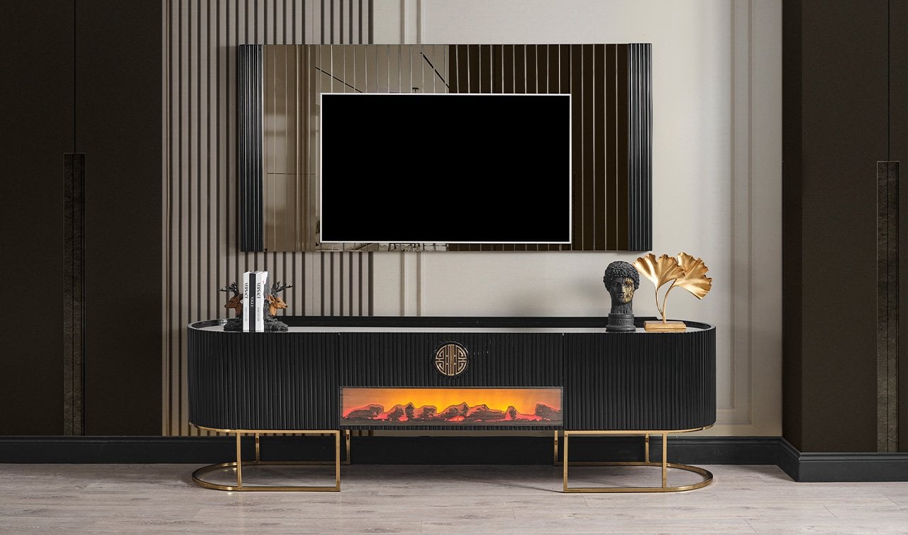 Gucci Şömineli Tv Ünitesi - Siyah & Gold