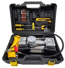 Araç lastik hava kompresörü çift pistonlu tamir kitli plastik çantalı 12 volt