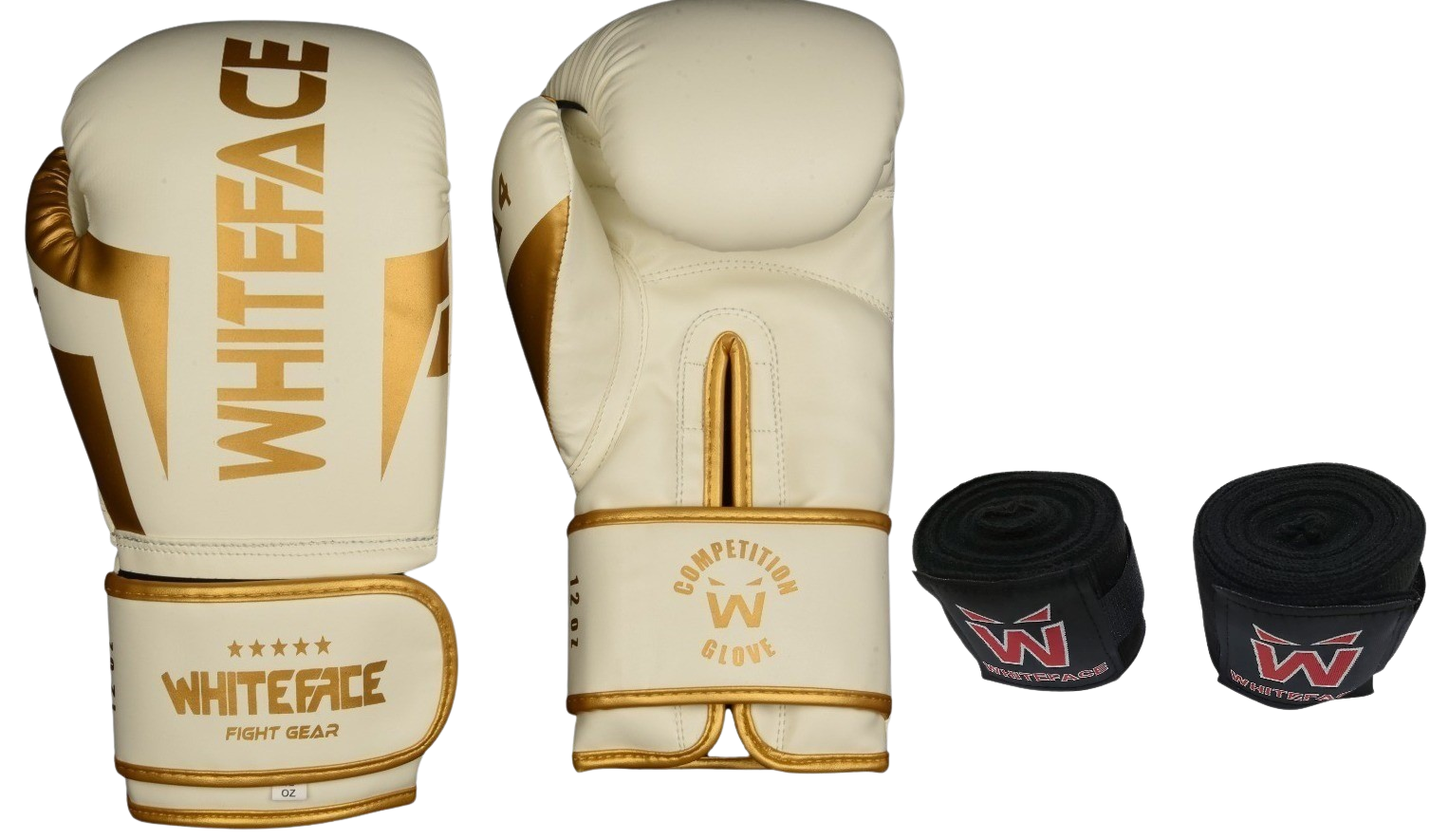 Whiteface Nova4 Boks-Kickboks-Muay Thai (Kickboks Müsabaka) Eldiveni +3,5 m Bandaj Set (Beyaz-Gold) 8 - 10- 12 oz