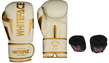 Whiteface Nova4 Boks-Kickboks-Muay Thai (Kickboks Müsabaka) Eldiveni +3,5 m Bandaj Set (Beyaz-Gold) 8 - 10- 12 oz