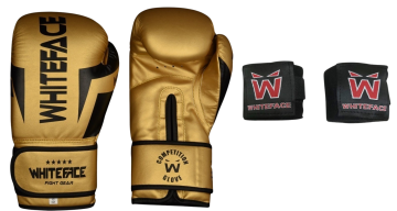 Whiteface Nova4 Boks-Kickboks-Muay Thai (Kickboks Müsabaka) Eldiveni + 3,5 m Bandaj Set (Gold) 8 - 10- 12 oz