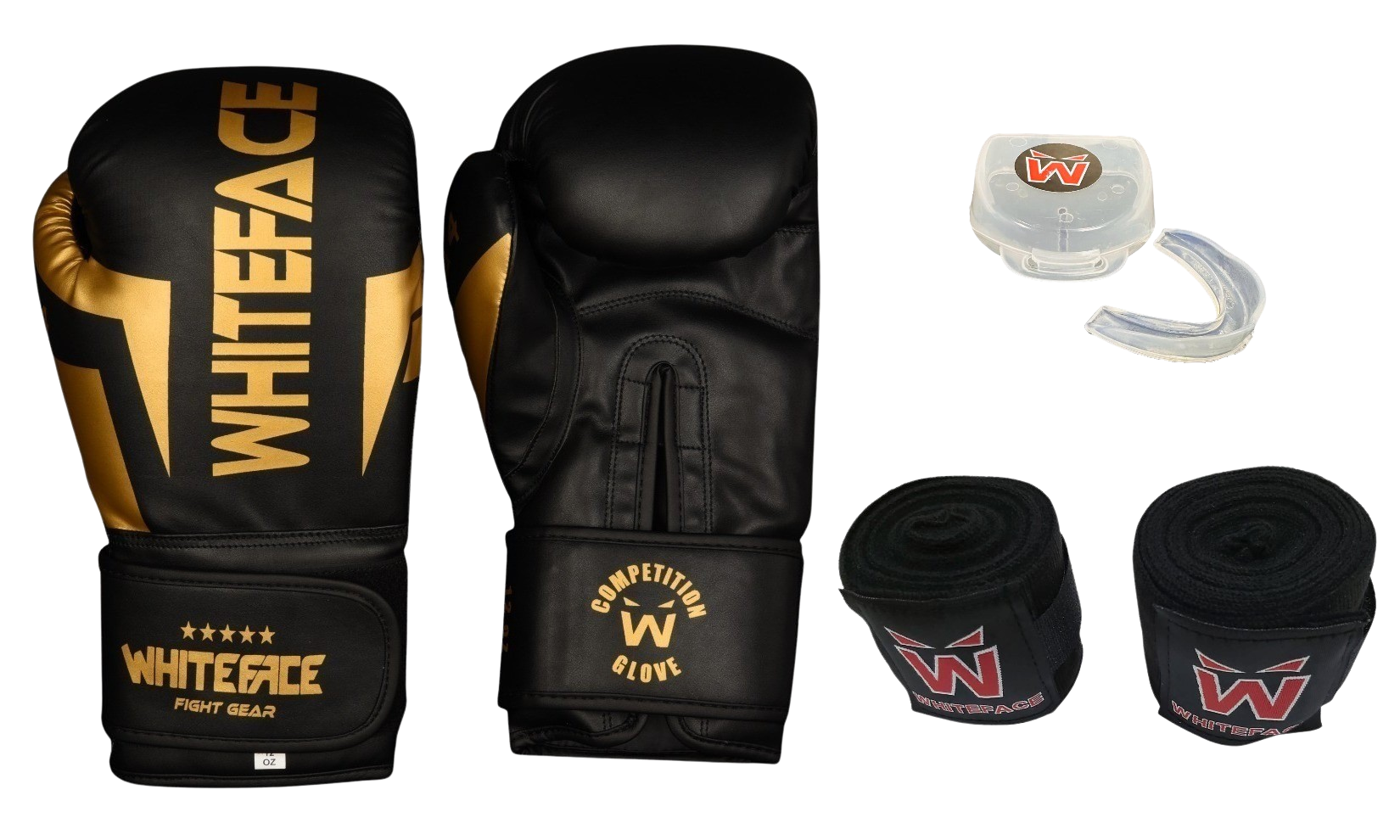 Whiteface Nova4 Boks-Kickboks-Muay Thai (Kickboks Müsabaka) Eldiveni + 3,5 m Bandaj +Dişlik Set (Siyah-Gold) 8 - 10- 12-14oz