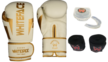 Whiteface Nova4 Boks-Kickboks-Muay Thai (Kickboks Müsabaka) Eldiveni + 3,5 m Bandaj +Dişlik Set (Beyaz-Gold) 8 - 10- 12 oz