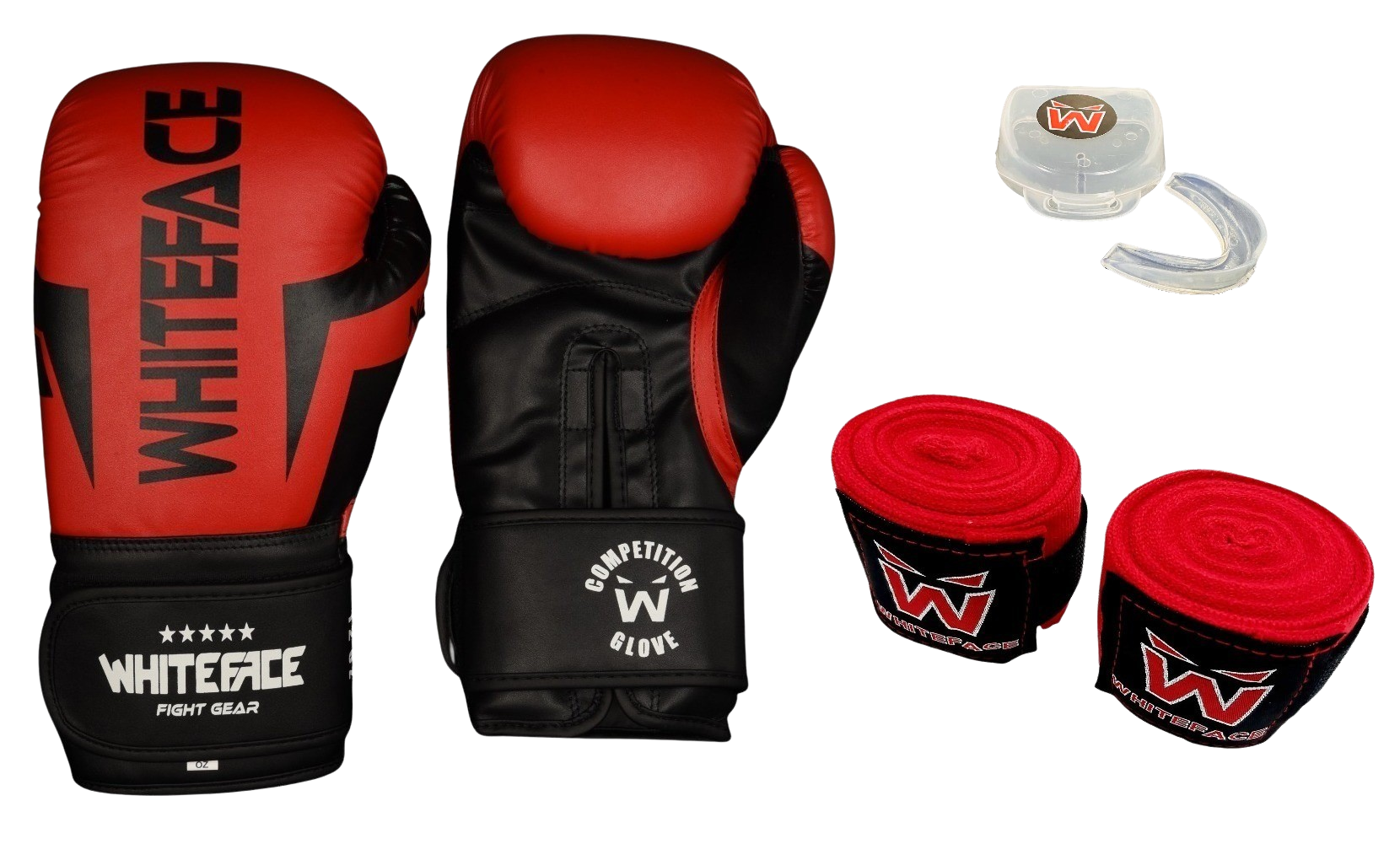 Whiteface Nova4 Boks-Kickboks-Muay Thai (Kickboks Müsabaka) Eldiveni + 3,5 m Bandaj +Dişlik Set (Kırmızı-Siyah) 8 - 10- 12 oz