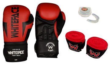 Whiteface Nova4 Boks-Kickboks-Muay Thai (Kickboks Müsabaka) Eldiveni + 3,5 m Bandaj +Dişlik Set (Kırmızı-Siyah) 8 - 10- 12 oz