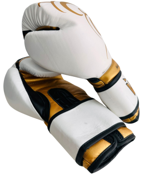 Whiteface Power Tech Deri Boks-Kickboks-Muay Thai Eldiveni (Beyaz-Gold) 10-12 oz.