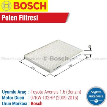 Toyota Avensis 1.6 Bosch Filtre Bakım Seti (2009-2016)