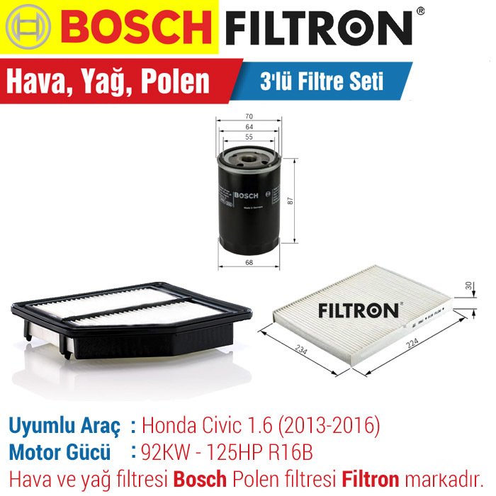 Honda Civic 1.6 FB7 Bosch / Filtron Filtre Bakım Seti (2013-2016)