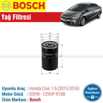 Honda Civic 1.6 FB7 Bosch Yağ Filtresi (2013-2016)