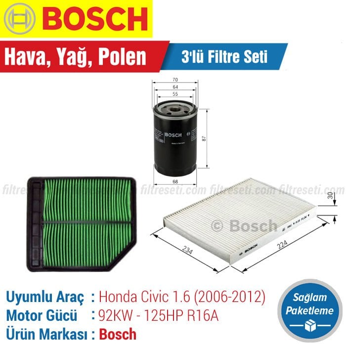 Honda Civic 1.6 Bosch Filtre Bakım Seti (2007-2012) R16A