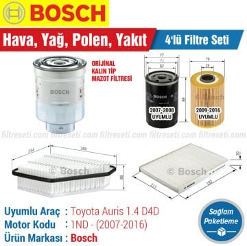 Toyota Auris 1.4 D4D Bosch Filtre Bakım Seti (2007-2016)