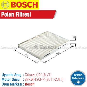 Citroen C4 1.6 VTi Bosch Filtre Bakım Seti (2011-2015)