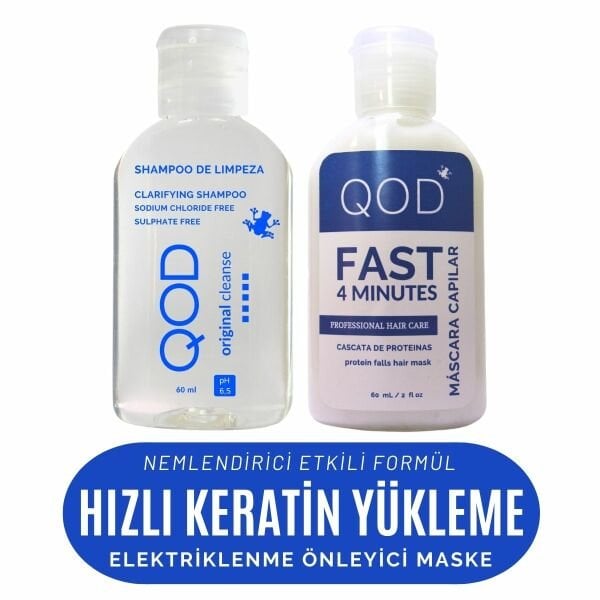 QOD Fast Elektriklenme Önleyici & Hızlı Keratin Yükleme Saç Maskesi ve Arındırıcı Şampuan Seti 60mL - Sadece 4 Dakikada Keratin Bakım / Nem & Yumuşaklık Veren Hızlı  Keratin  Terapi