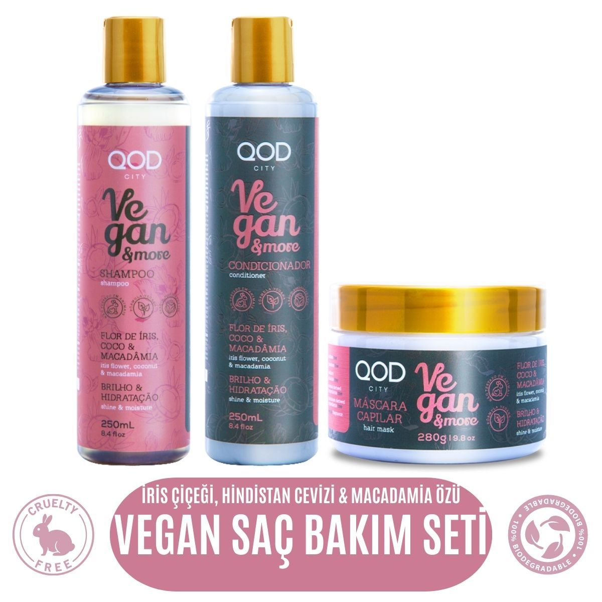 Vegan Saç Bakım Seti QOD City Vegan & More Şampuan + Saç Kremi + Saç Maskesi /İris Çiçeği & Hindistan Cevizi & Macademia