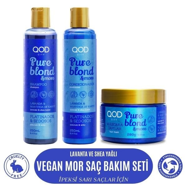 Mor Vegan Turunculaşma Karşıtı Saç Bakım Seti QOD City Pure Blond & More Vegan Şampuan + Vegan Saç Kremi + Vegan Saç Maskesi - Mor Pigmentli Saç Bakım Serisi