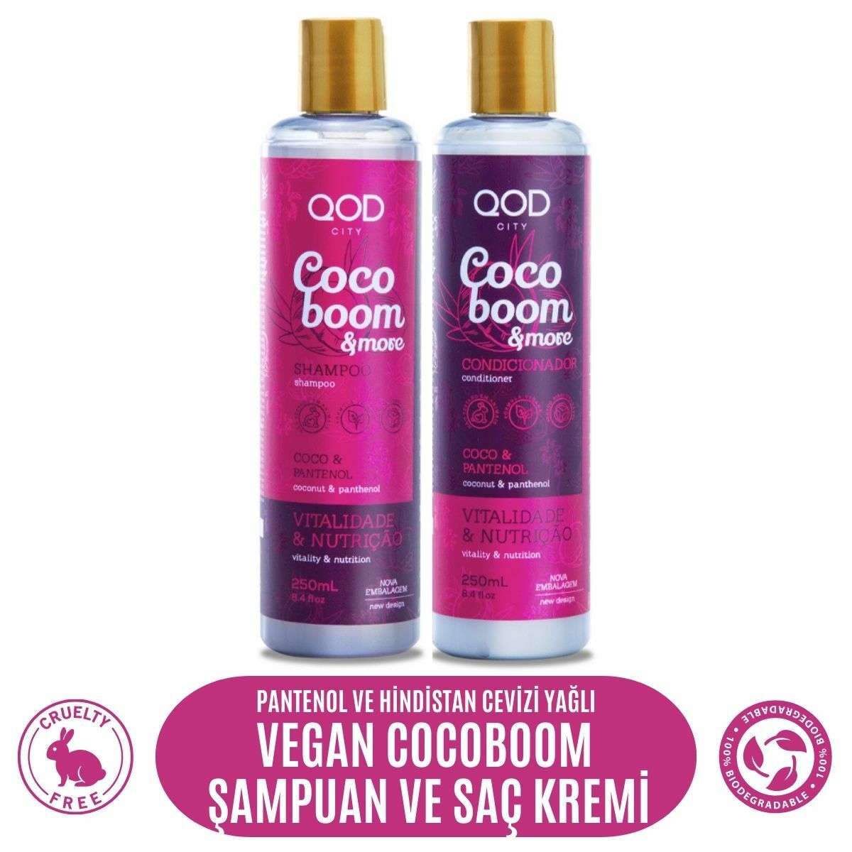 Vegan Pantenol ve Hindistan Cevizi Yağlı Saç Bakım Seti  QOD City Coco Boom & More  Vegan Şampuan 250 ml + Vegan Saç Kremi 250 ml
