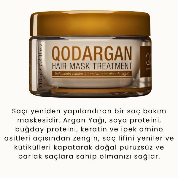 Saçı Neme Doyuran En iyi Keratin & Argan Maske -QOD Profesyonel Argan  Saç Bakım Maskesi - Yoğun Bakım  210 Gr