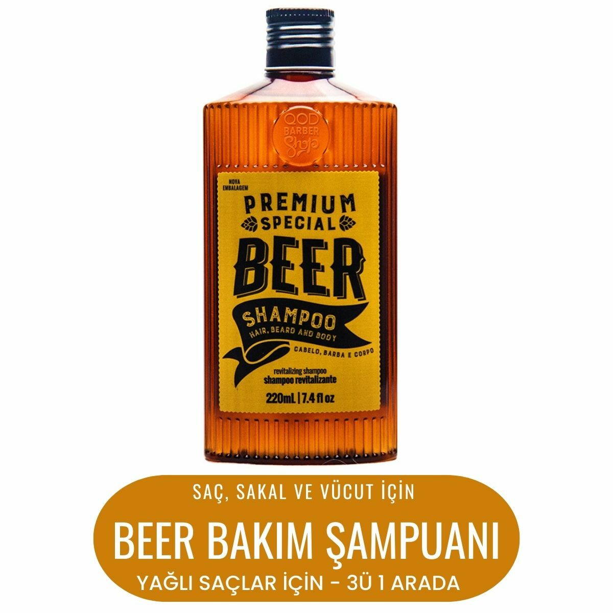 3'ü 1 Arada Şerbetçiotu Özlü Yağlı Saçlar için Şampuan Saç Sakal & Vücut  QOD Barber Shop Premium Beer 3'ü 1 Arada Şampuan 220 ml