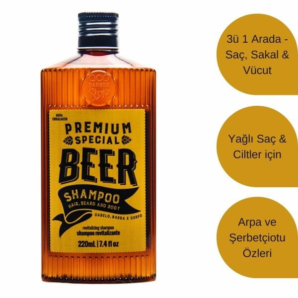 3'ü 1 Arada Şerbetçiotu Özlü Yağlı Saçlar için Şampuan Saç Sakal & Vücut  QOD Barber Shop Premium Beer 3'ü 1 Arada Şampuan 220 ml