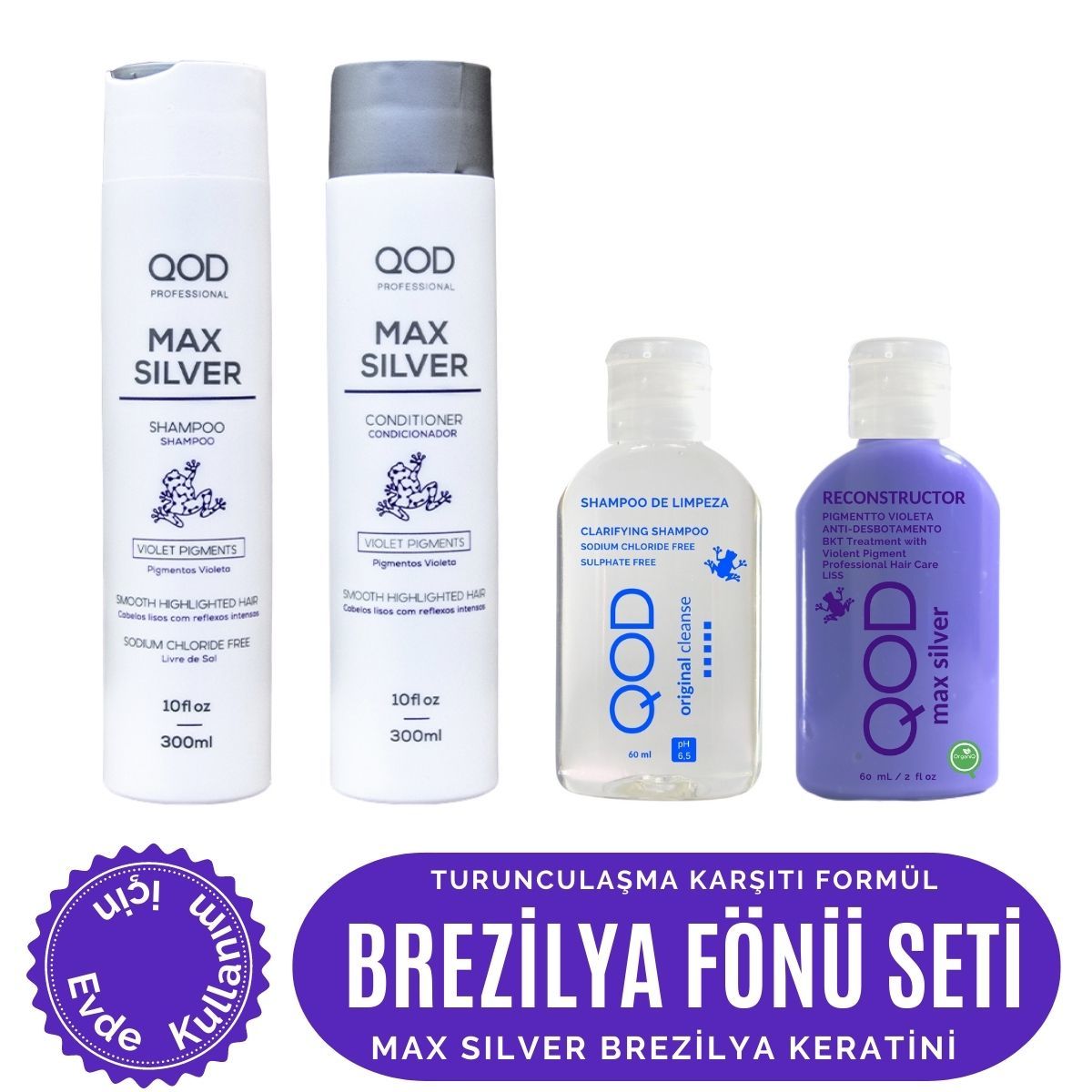 Mor Brezilya Fönü Keratin Seti QOD Max Silver Profesyonel Brezilya Keratin Uygulama Kiti ( Kısa Saç ) + Sonrası Şampuan & Krem
