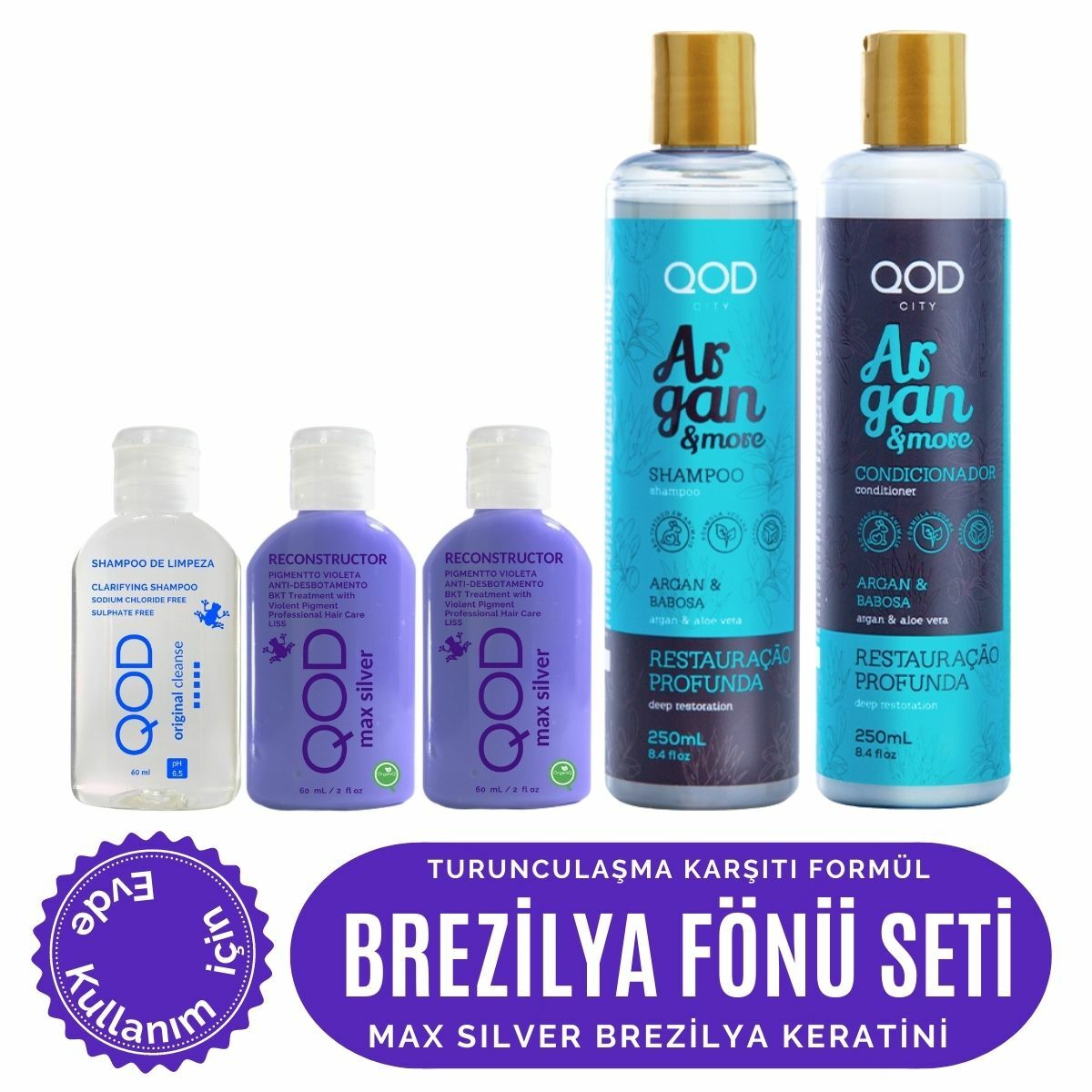 Brezilya Fönü Keratin Seti - Max Silver Keratin 120 mL ( Uzun Saç )+Arındırıcı Şampuan 60 mL+ Sonrası QOD Vegan Argan Şampuan 250 mL & Vegan Saç Kremi 250 mL