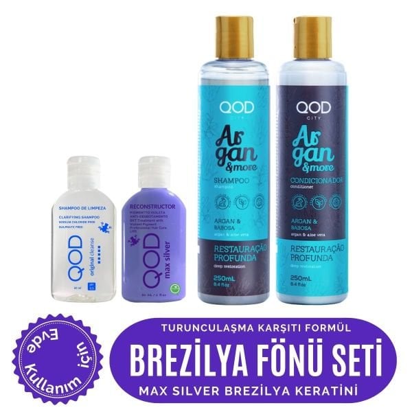 Brezilya Fönü Keratin Seti - Max Silver Keratin 60 mL ( Kısa Saç )+Arındırıcı Şampuan 60 mL+ Sonrası QOD Vegan Argan Şampuan 250 mL & Vegan Saç Kremi 250 mL