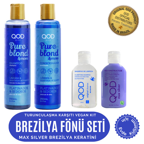 QOD Max Silver Profesyonel Brezilya Keratin Uygulama Kiti ( Kısa Saç ) + Sonrası QOD City Pure Blond & More Vegan Şampuan + Vegan Saç Kremi- Mor Pigmentli