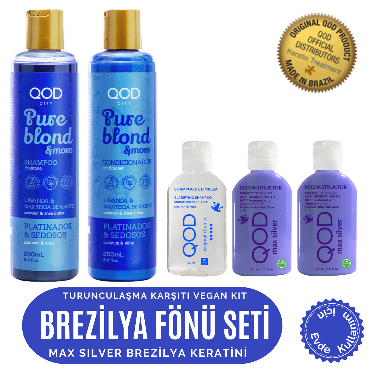 QOD Max Silver Profesyonel Brezilya Keratin Uygulama Kiti (Uzun Saç ) + Sonrası QOD City Pure Blond & More Vegan Şampuan + Vegan Saç Kremi- Mor Pigmentli
