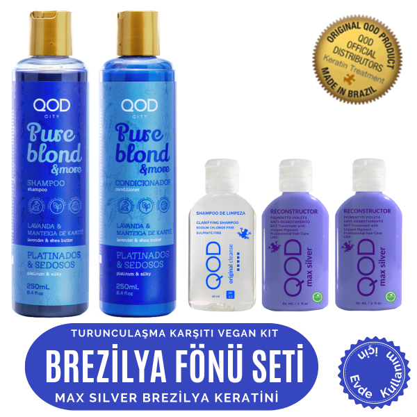 QOD Max Silver Profesyonel Brezilya Keratin Uygulama Kiti (Uzun Saç ) + Sonrası QOD City Pure Blond & More Vegan Şampuan + Vegan Saç Kremi- Mor Pigmentli