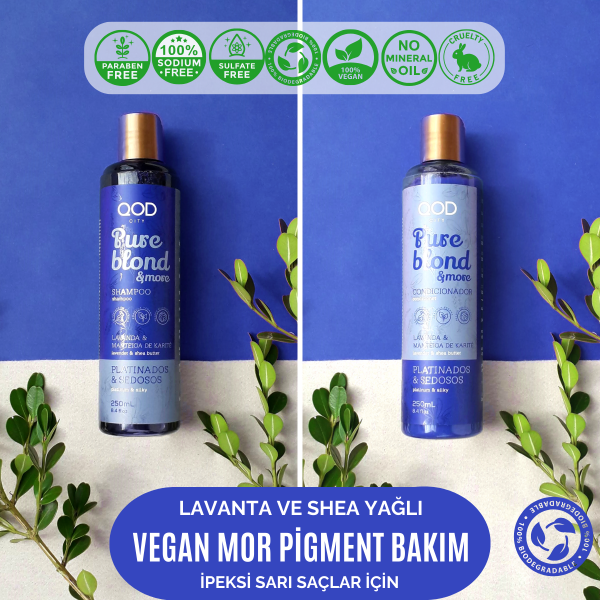 QOD Max Silver Profesyonel Brezilya Keratin Uygulama Kiti (Uzun Saç ) + Sonrası QOD City Pure Blond & More Vegan Şampuan + Vegan Saç Kremi- Mor Pigmentli