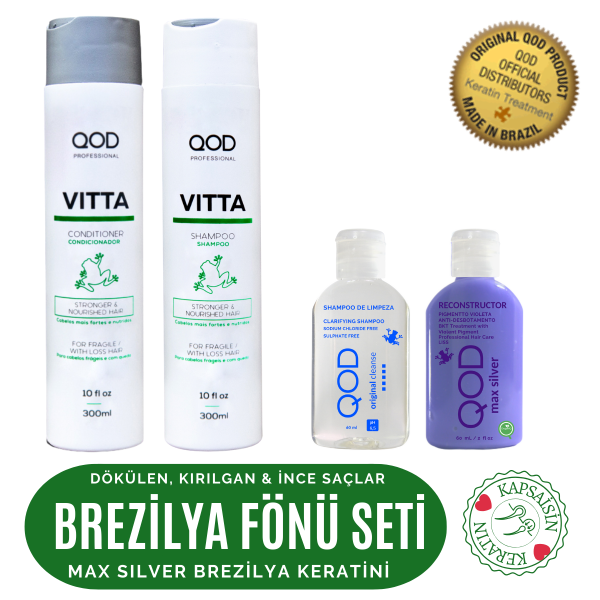 QOD Max Silver Profesyonel Brezilya Keratin Uygulama Kiti ( Kısa Saç ) + Sonrası Dökülme Karşıtı Şampuan ve Saç Kremi 300 ml - QOD Profesyonel Vitta