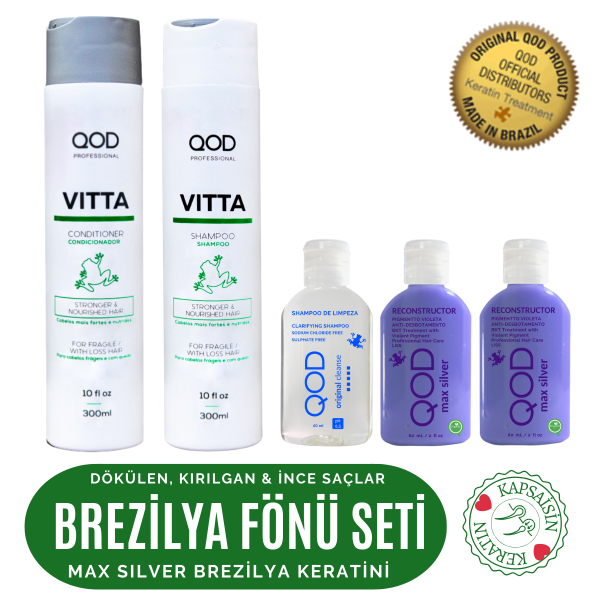 QOD Max Silver Profesyonel Brezilya Keratin Uygulama Kiti (Uzun Saç ) + Sonrası Dökülme Karşıtı Şampuan ve Saç Kremi 300 ml - QOD Profesyonel Vitta