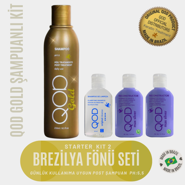 Brezilya Fönü Keratini QOD Max Silver Profesyonel Brezilya Keratin Uygulama Başlangıç Kiti(Uzun Saç) + Sonrası Brezilya Fönü Şampuanı QOD Profesyonel Gold Şampuan 250 ml -Altın Nano Partiküller / Brezilya Fönü After Şampuan