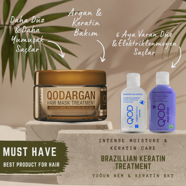 Brezilya Fönü Keratini QOD Max Silver Profesyonel Brezilya Keratin Uygulama Yoğun Bakım Kiti(Kısa Saç) + Sonrası Keratin & Argan Maske-QOD Profesyonel Argan Saç Bakım Maskesi - Yoğun Bakım 210 Gr
